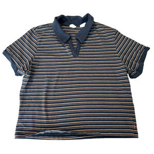 Levis Branded Collard Cropped Polo Bonnie Shirt Stripe Blue Sz Large Cotton